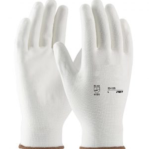 WORKING GLOVES, WHITE NYLON GLOVES W/ PU COATED, L SIZE
