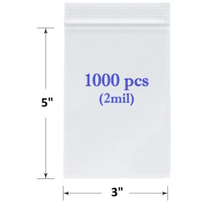 SKmax 2 MIL CLEAR RECLOSABLE ZIP TOP LOCK STORAGE BAGS 3" X 5" (1000PCS)